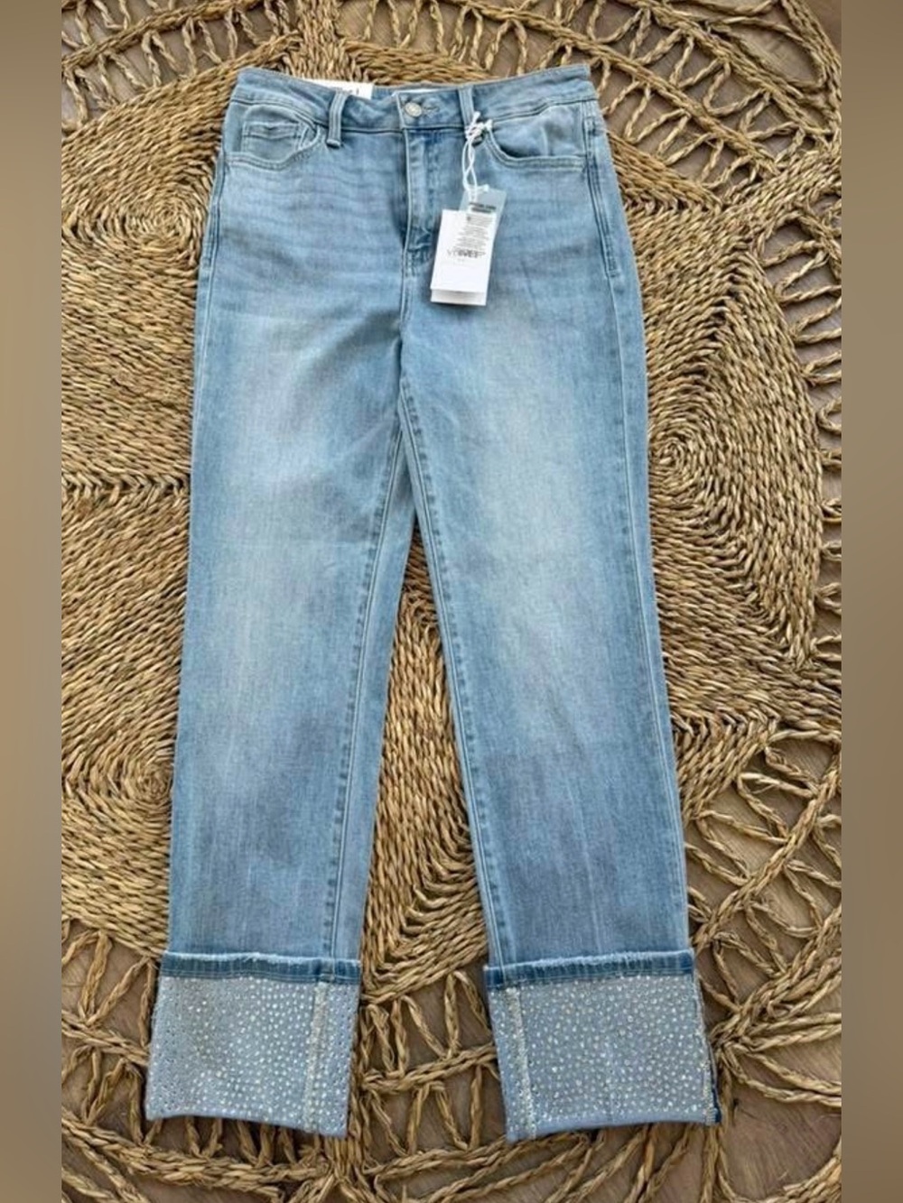 Flying Monkey Light Blue Straight Leg Jeans with Embellished Cuffs